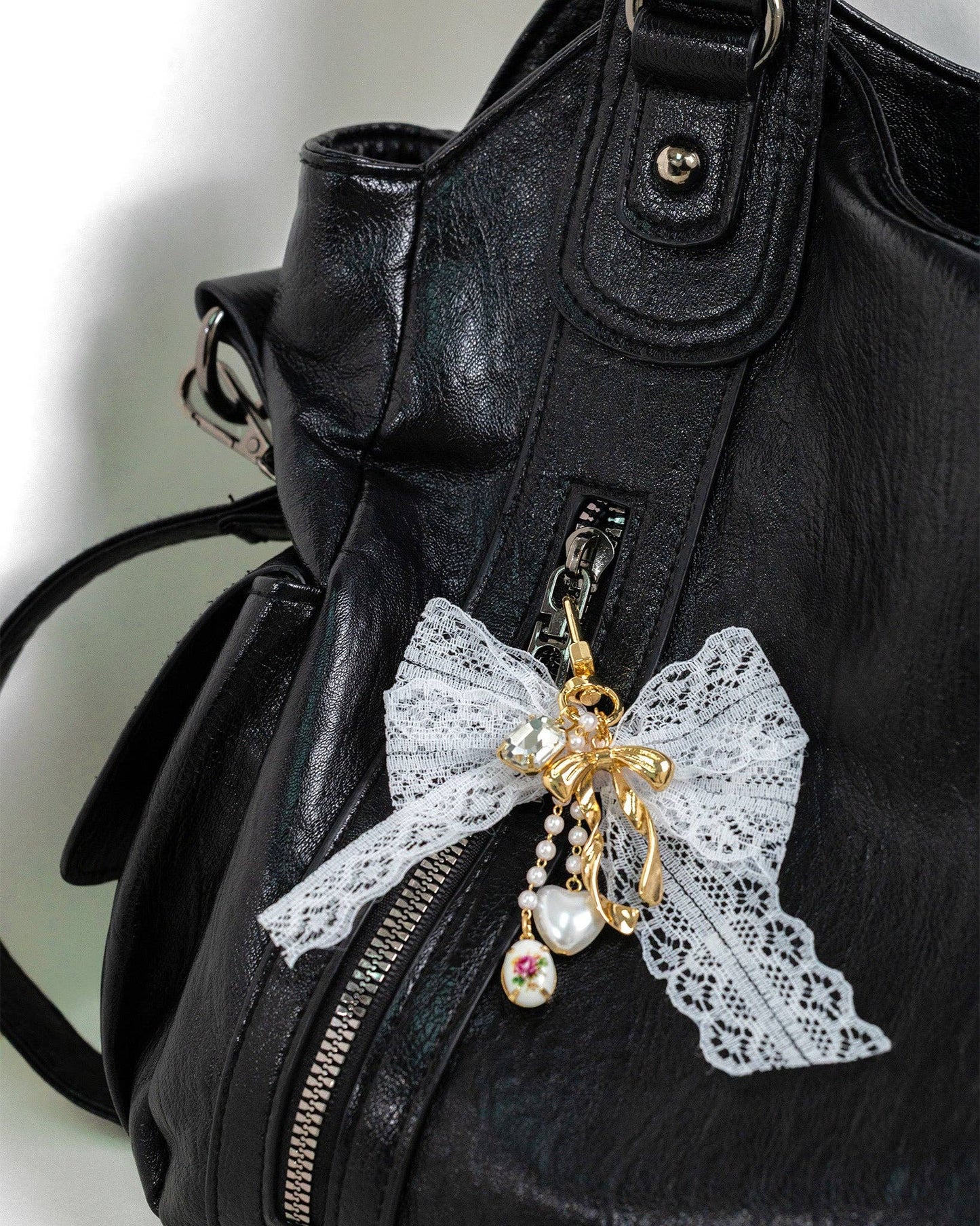 Lace Bow Rose Heart Bag Charm