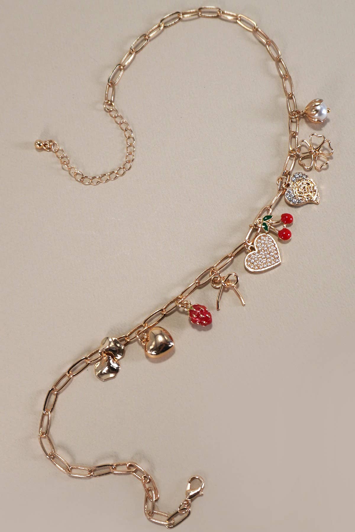 Multi Charm Necklace - Bow, Cherry, Heart