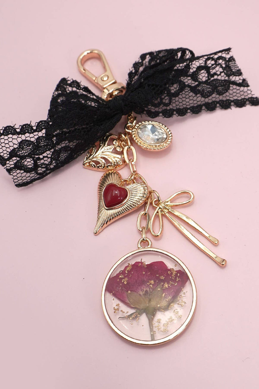 Bag Charm - Dried Flower, Bow, Heart, Rhinestone