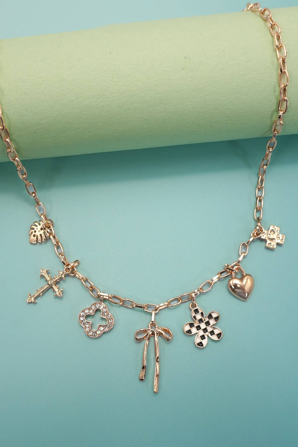 Charm Necklace - Clover, Bow, Checker Flower, Heart