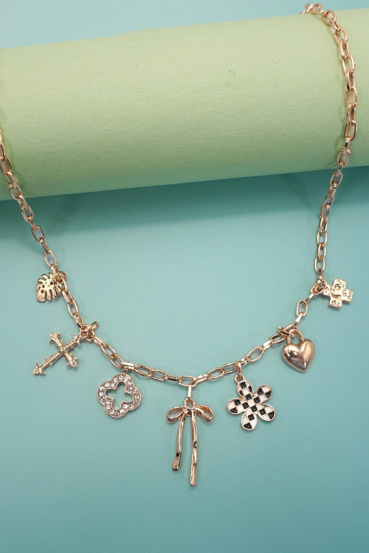 Charm Necklace - Clover, Bow, Checker Flower, Heart