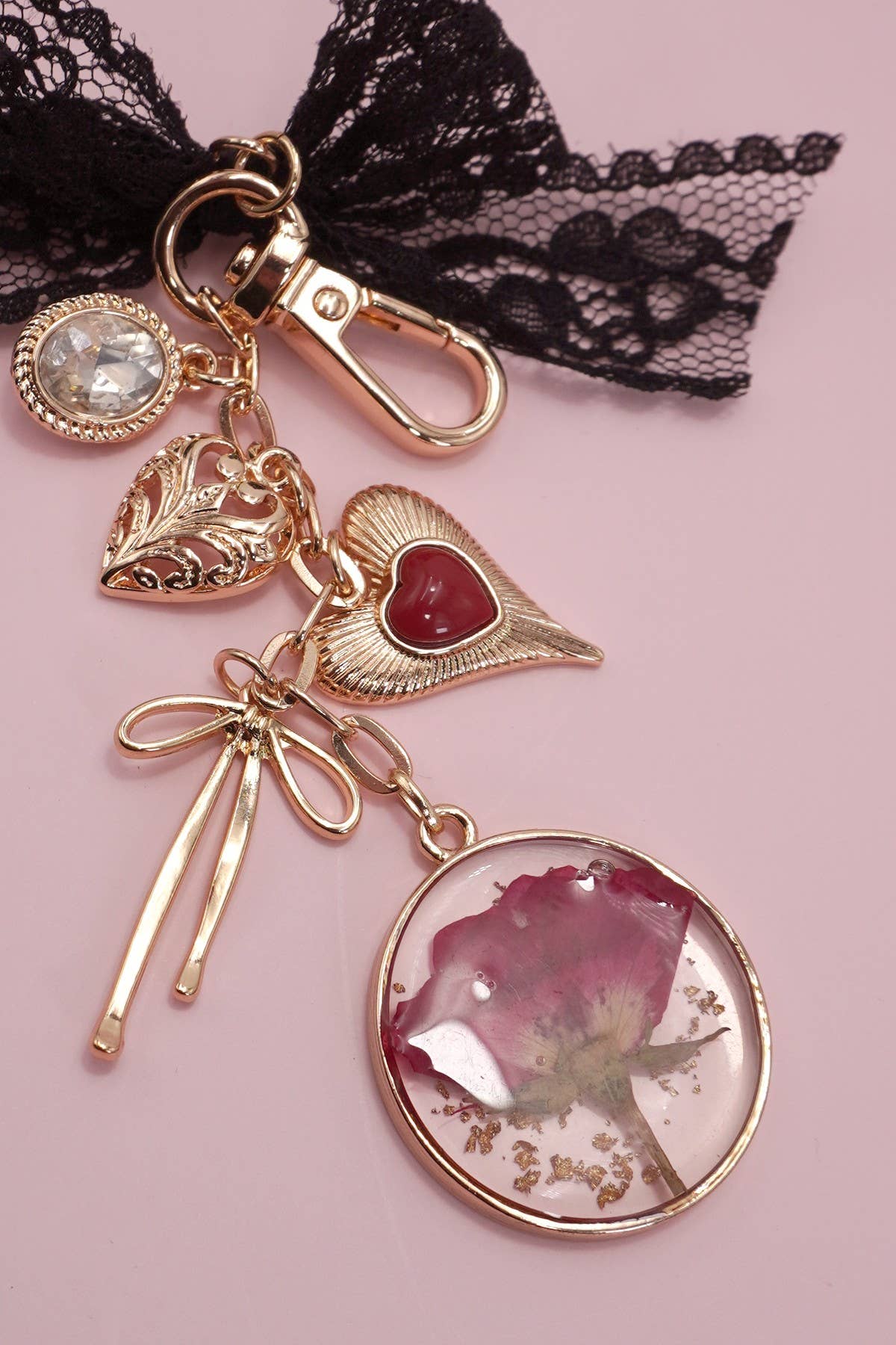Bag Charm - Dried Flower, Bow, Heart, Rhinestone