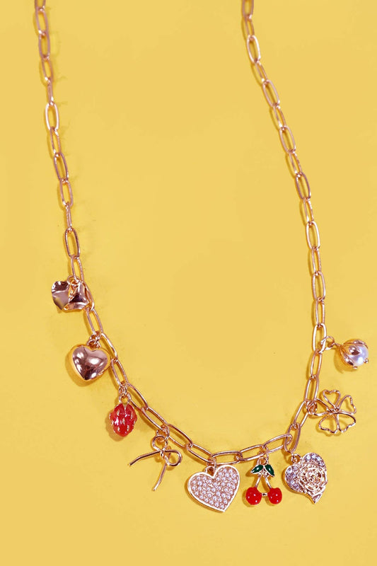 Multi Charm Necklace - Bow, Cherry, Heart