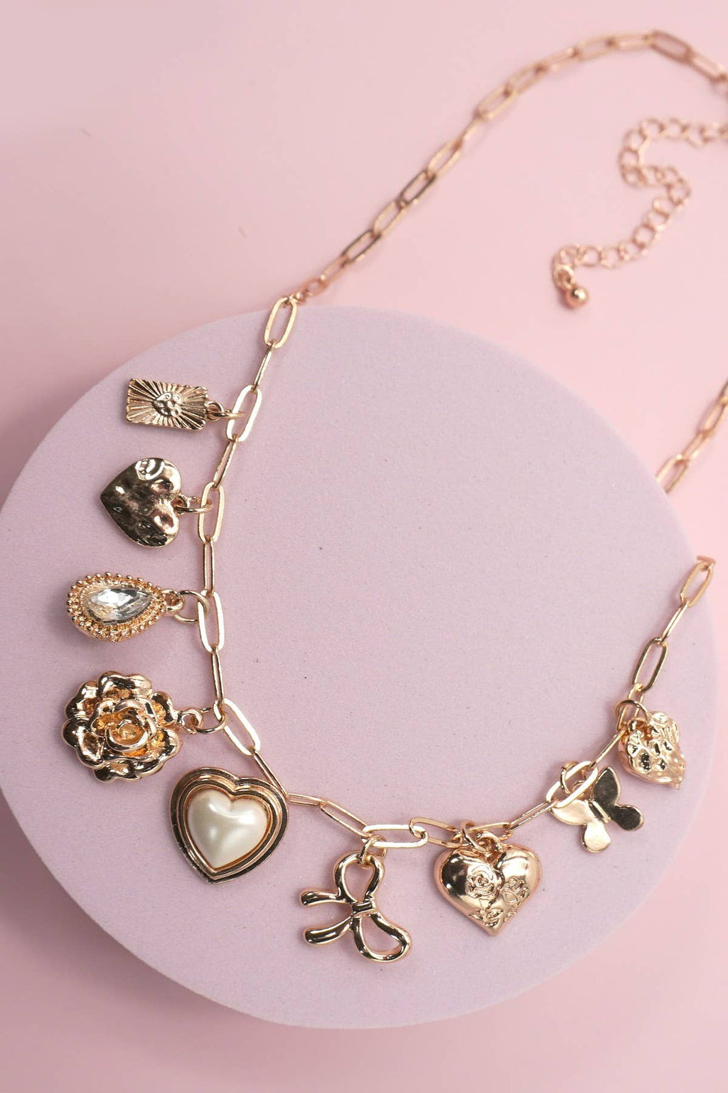 Charm Necklace - Bow, Heart, Rhinestone, Flower