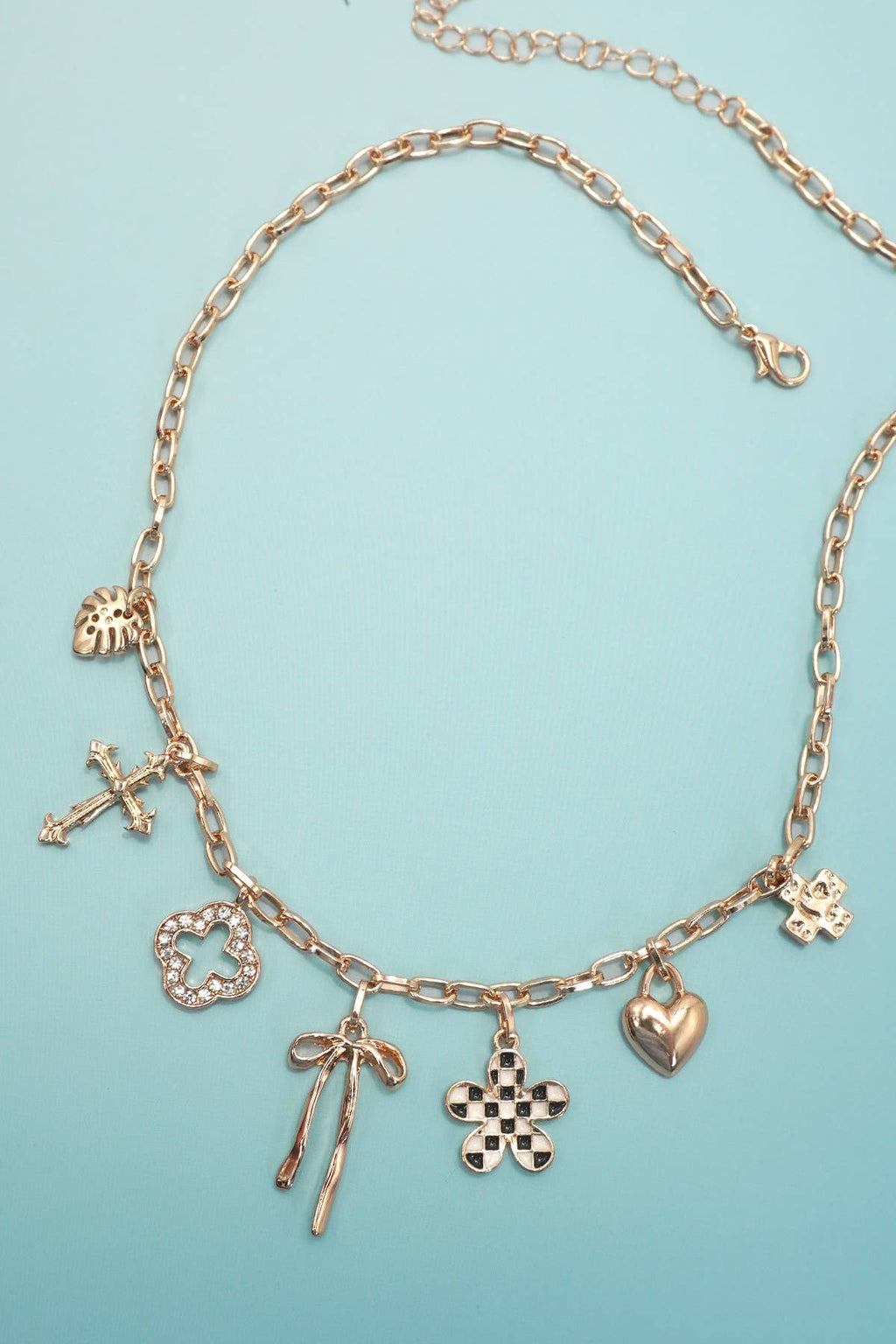 Charm Necklace - Clover, Bow, Checker Flower, Heart