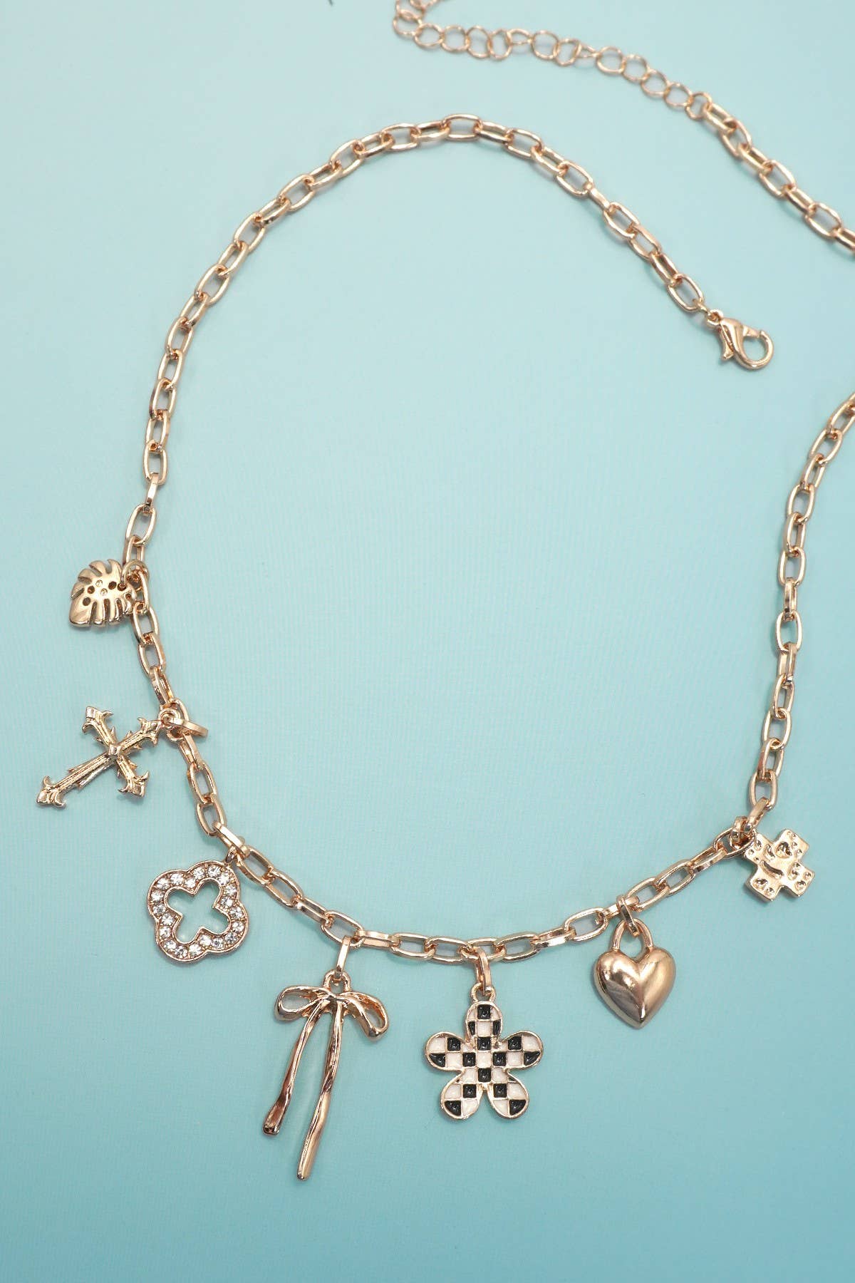 Charm Necklace - Clover, Bow, Checker Flower, Heart