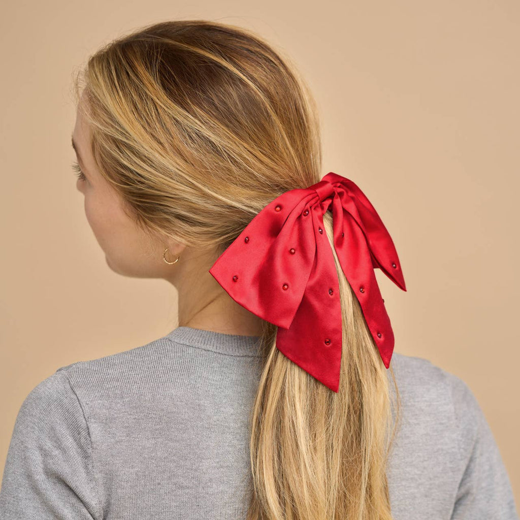 Holiday Satin & Rhinestone Bow Scrunchie
