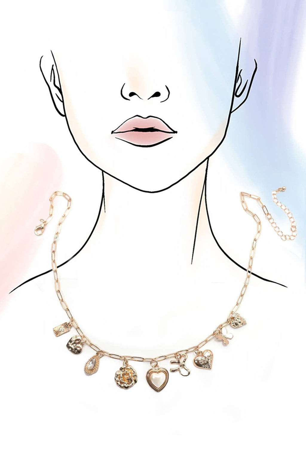 Charm Necklace - Bow, Heart, Rhinestone, Flower