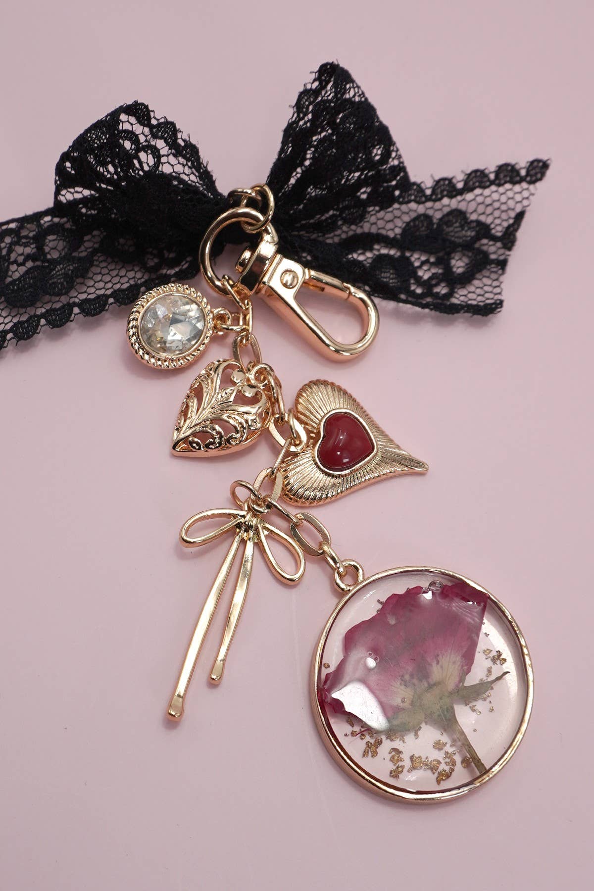 Bag Charm - Dried Flower, Bow, Heart, Rhinestone