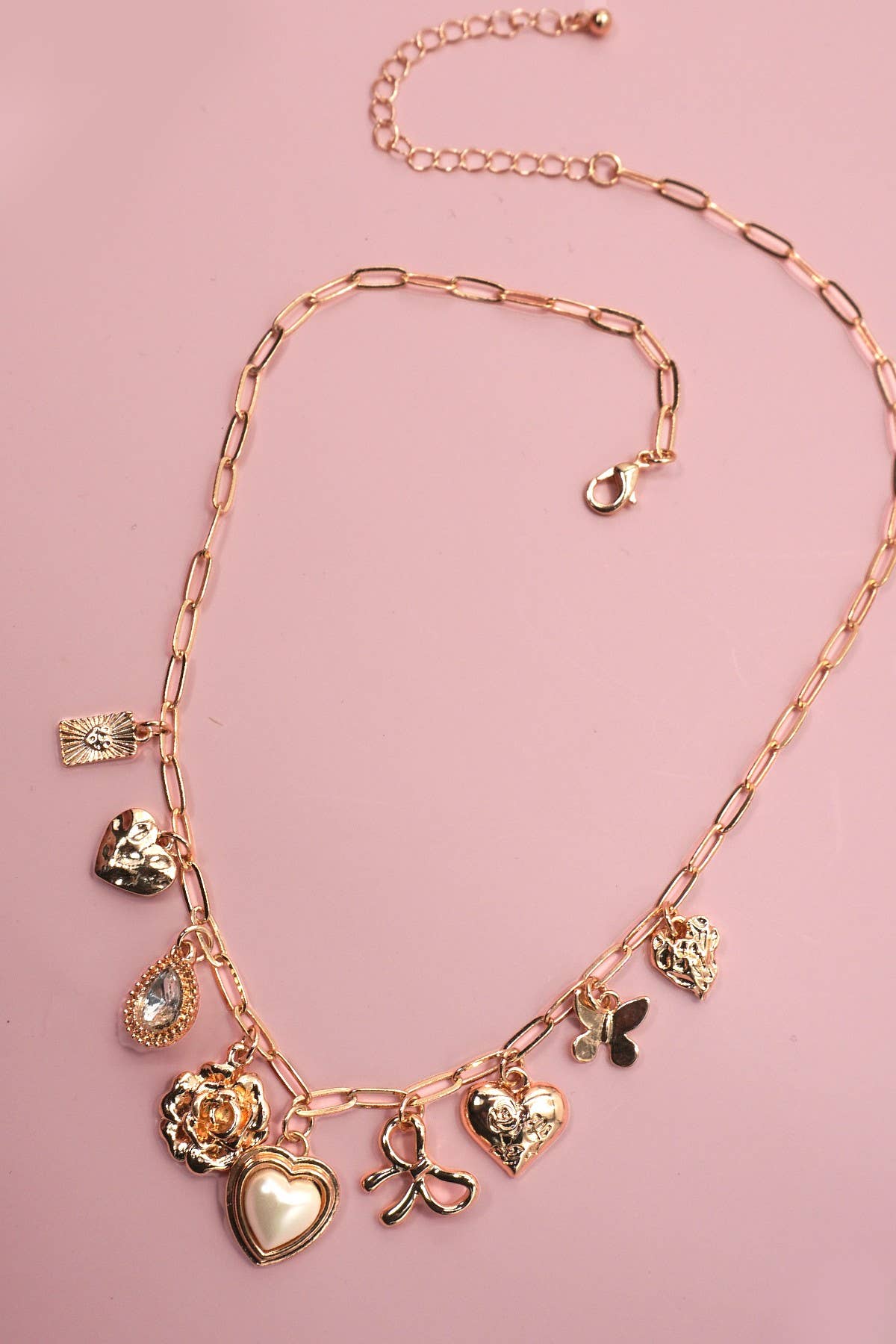Charm Necklace - Bow, Heart, Rhinestone, Flower