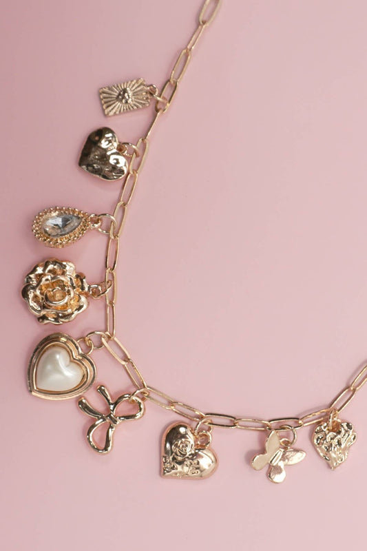 Charm Necklace - Bow, Heart, Rhinestone, Flower