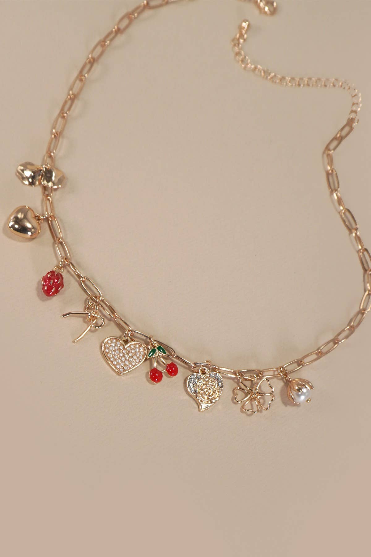 Multi Charm Necklace - Bow, Cherry, Heart