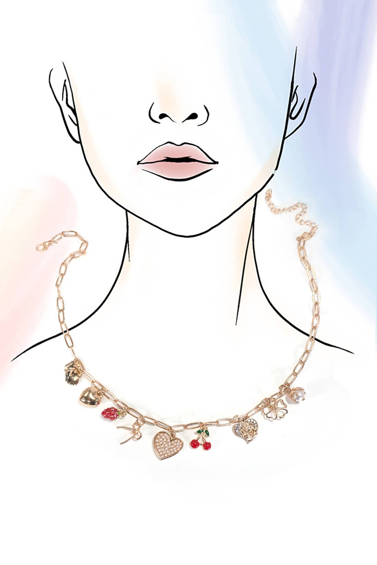 Multi Charm Necklace - Bow, Cherry, Heart