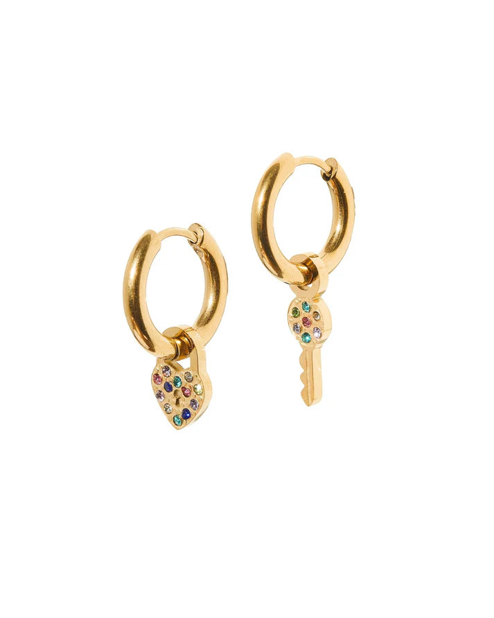 Lock and Key Gold Huggie Charm Earrings