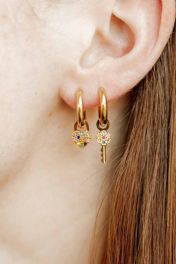 Lock and Key Gold Huggie Charm Earrings