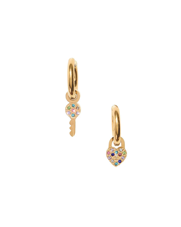 Lock and Key Gold Huggie Charm Earrings